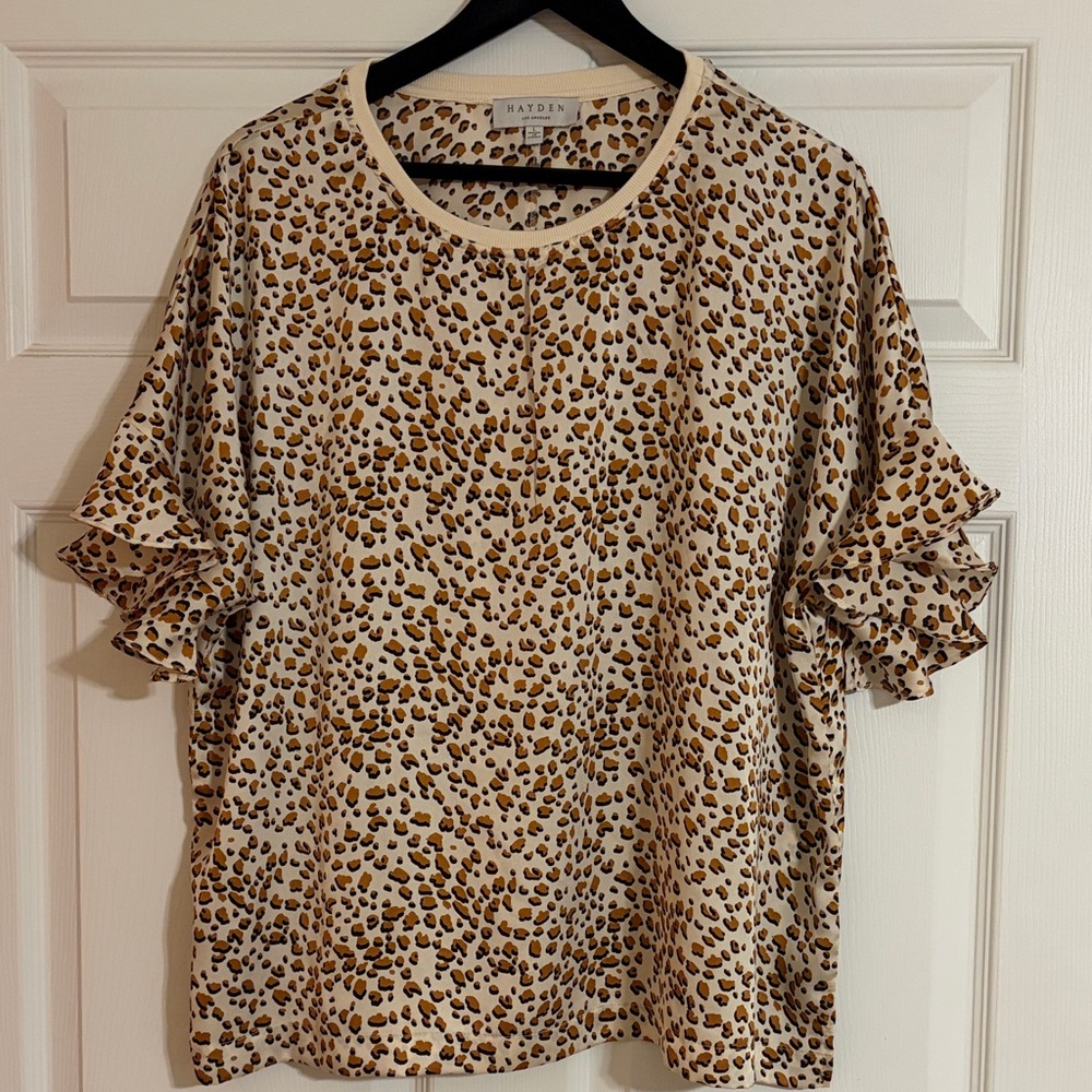 Hayden Cream Leopard Ruffle Short Sleeve Tee
